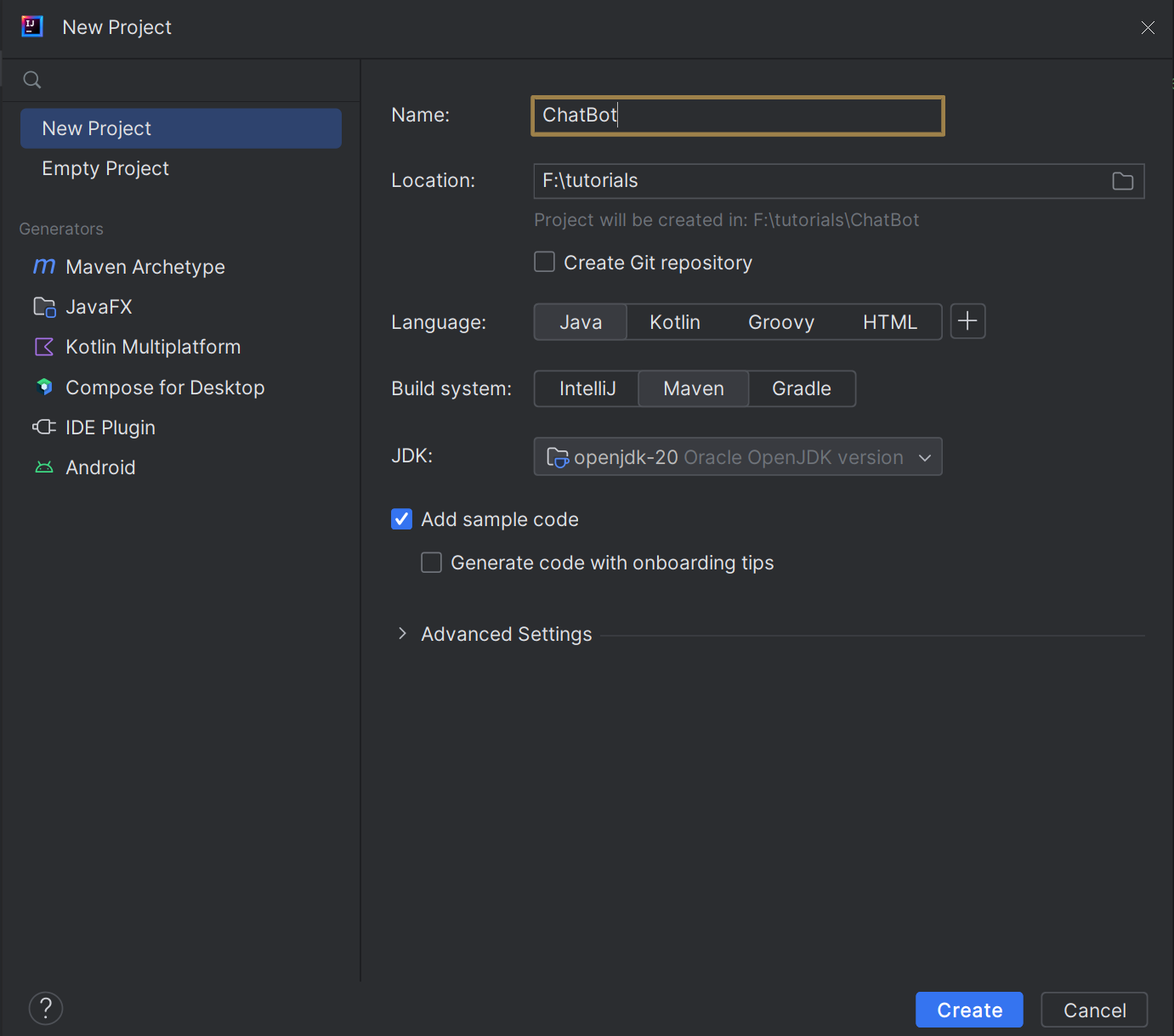 IntelliJ create project modal