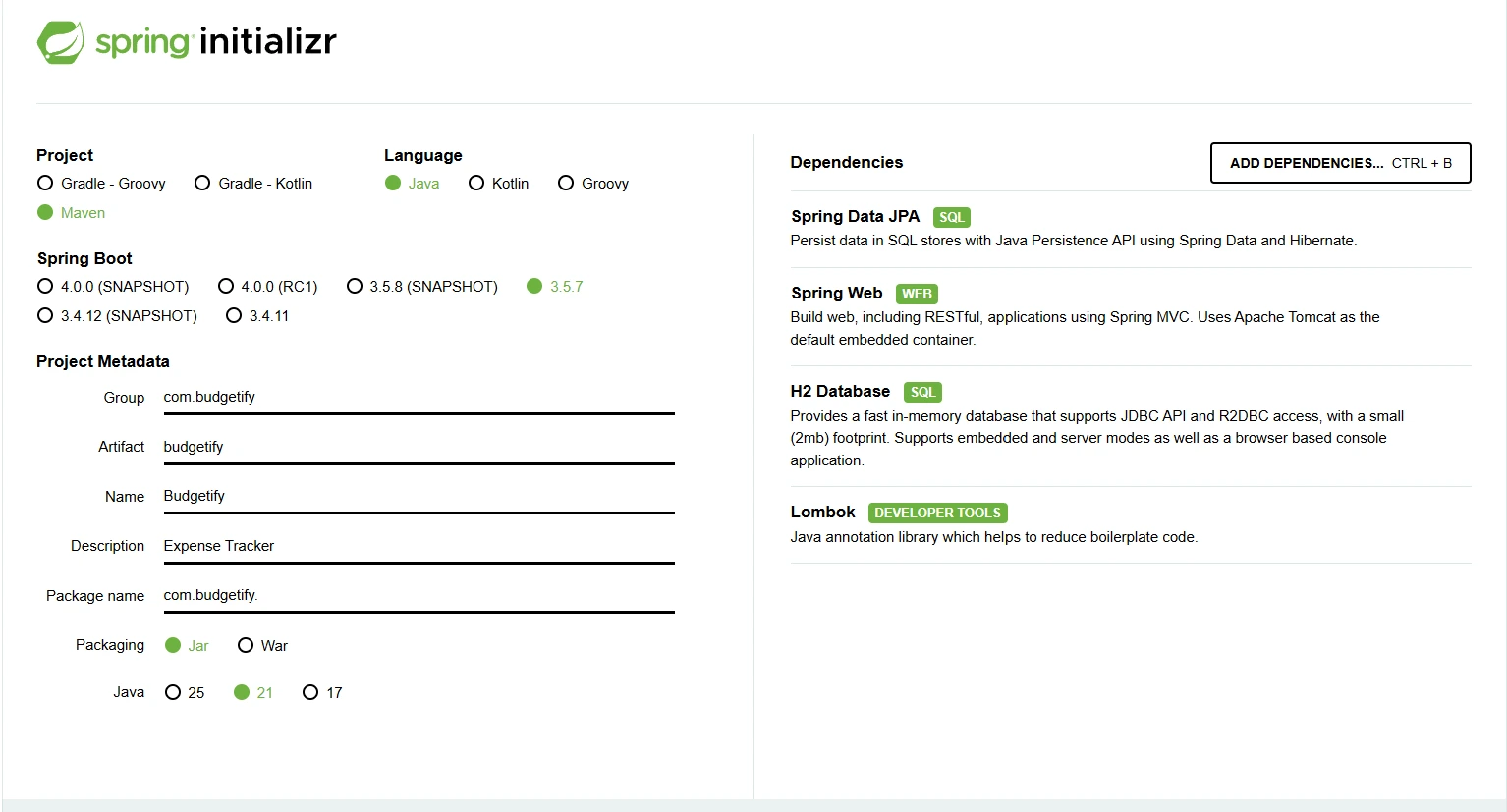 selected dependencies
